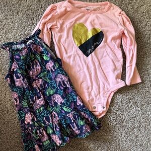 Pink Heart Onesie and Floral Dress Set